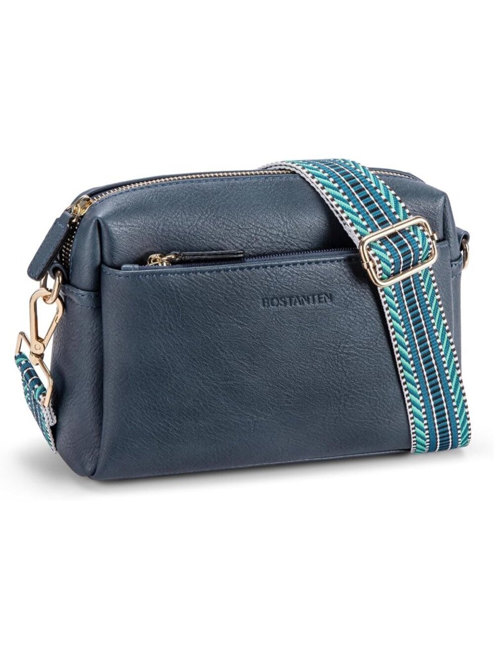Women's Navy Blue Leather Triple Zip Crossbody Bag Purse with Shoulder Straps - Picture 1 of 6